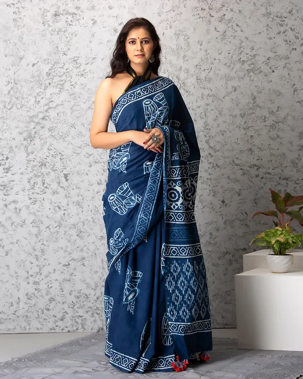 Indigo_Cotton_Dhol_Hblock_Print_Mulmul_Saree_For_Women